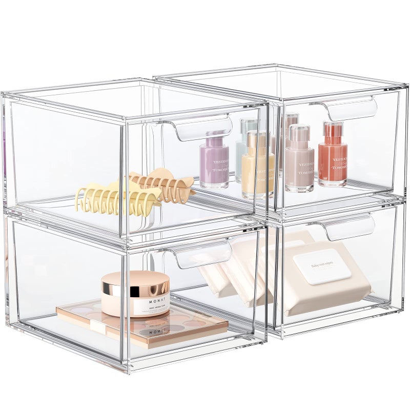 SpaceHacks 4 Pack Stackable Makeup Organizer and Storage, Acrylic Organizers,Clear Plastic Storage Drawer with Handles for Vanity, Undersink, Kitchen Cabinets, Pantry - Image 1